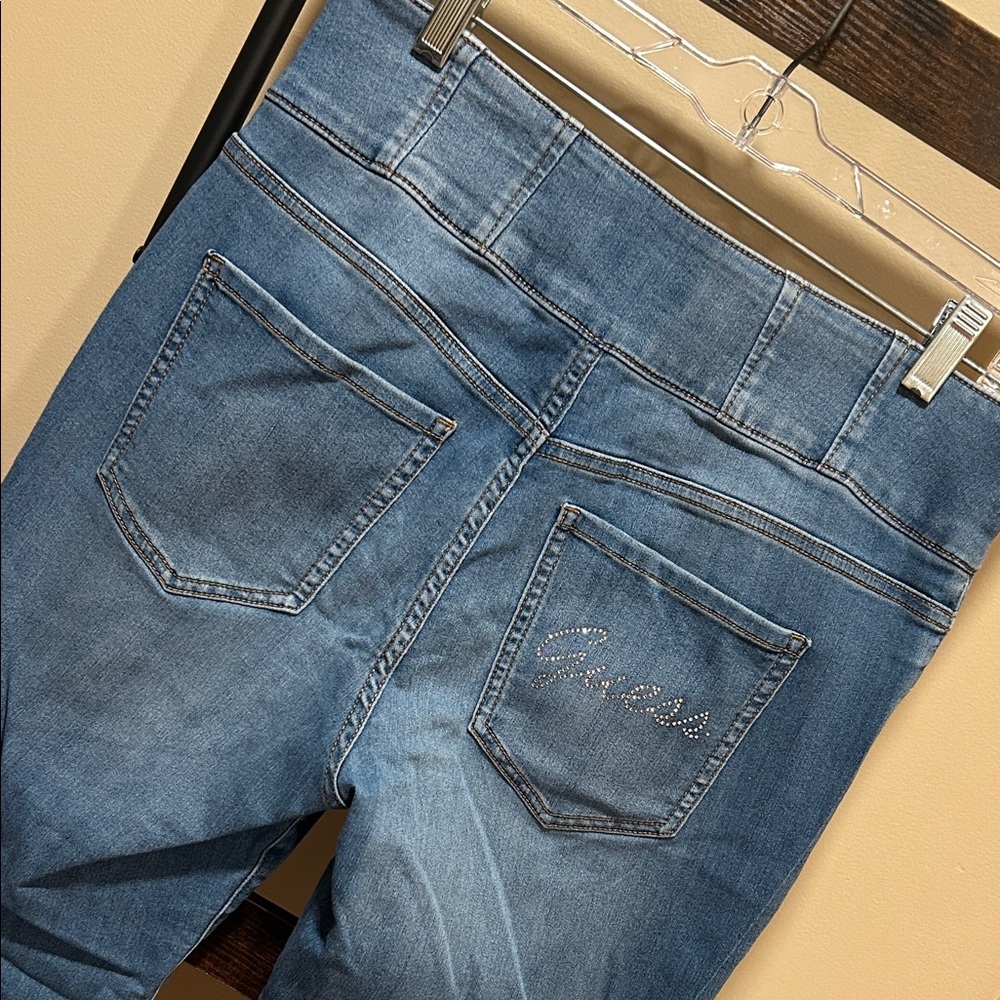 Y2K GUESS Blue Denim Skinny Jeans with Rhinestone Logo